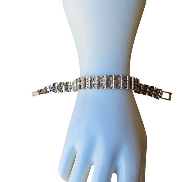 VTG Sterling Silver Link Bracelet Art Deco Style Sz 7.5 Diamond Cut Ornate 31.4g - Picture 3 of 13